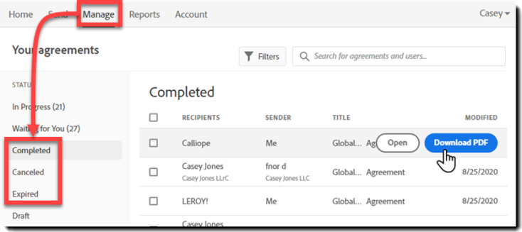 Quick actions on the Manage page